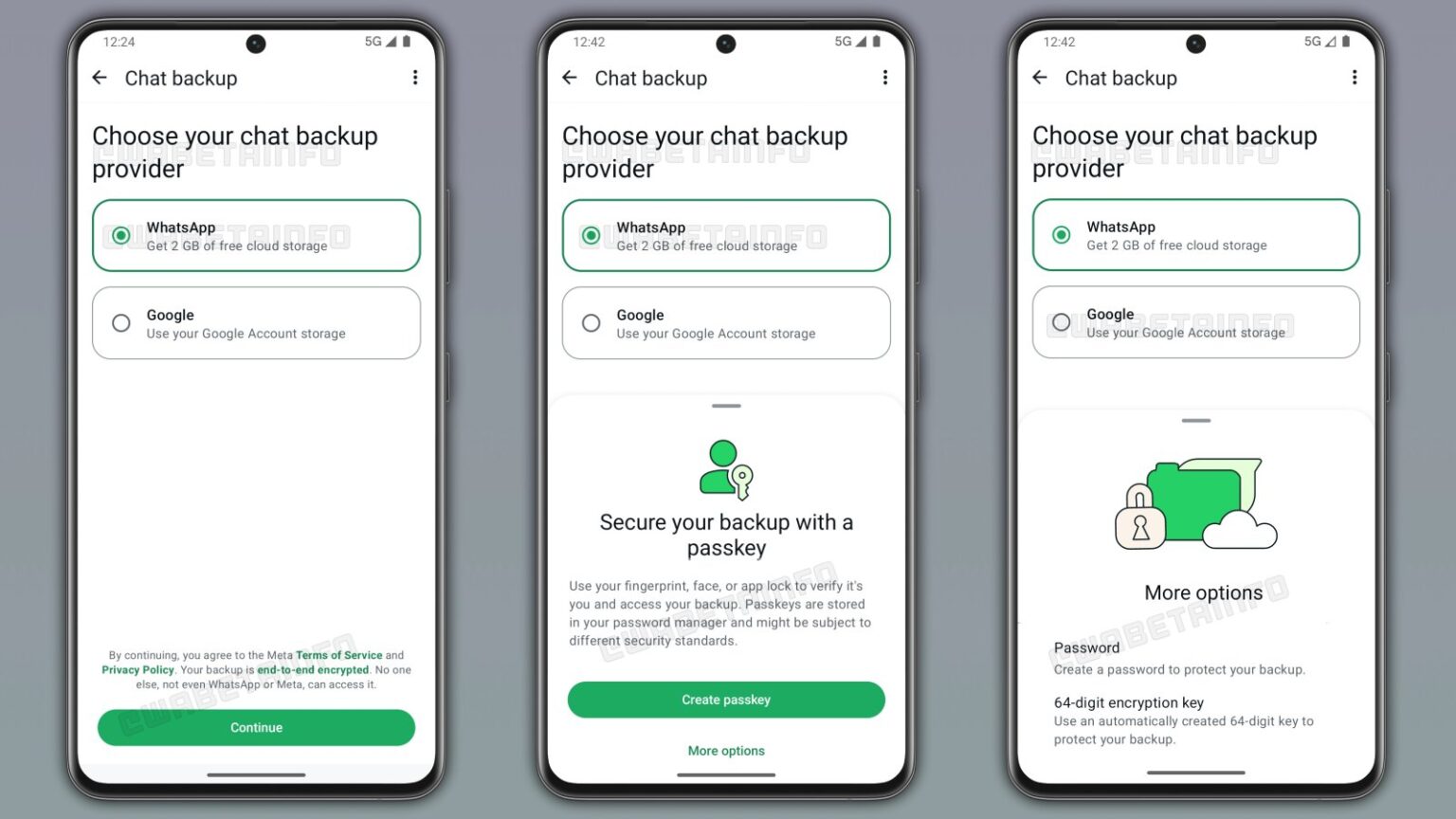Screenshots showing early testing pages for WhatsApp’s own chat backup plans.