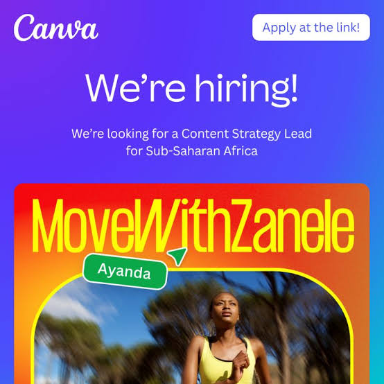 Canva is hiring for a Sub-Saharan Africa Content Strategy Lead.