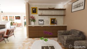 Modern living room interior with wooden cabinetry, floating shelves and patterned seating
