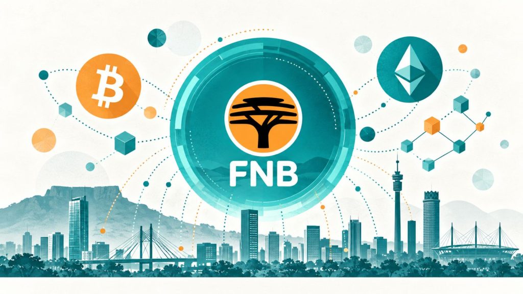 FNB crypto trading illustration with Bitcoin and Ethereum symbols above a stylised South African skyline