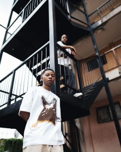 Model wearing clothing from the South African fashion brand.
