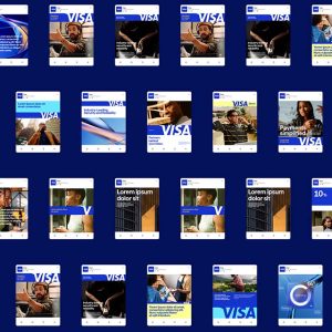 Blue Visa payment card displayed on a yellow plate as part of Visa's refreshed brand imagery